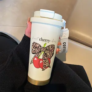 Sexy Cherry Bow Coffee Cup, 530ML Insulated Travel Mug with Straw and Lid, Stainless Steel Vacuum Flask for Hot/cold Drinks