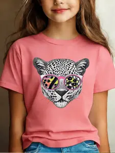 Girls' Funky Leopard Print T-Shirt, Cute Cartoon Design, Graphic Tees, Funny Print Shirts, Soft Fabric, Comfortable Casual Wear, Fashion Tee, Graphic Tee Top
