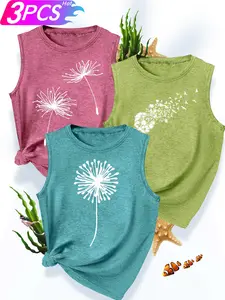 Women's 3Pcs Crew Neck Tank Tops, Dandelion & Flying Bird Series Print, Multiple Colors Available, Machine Washable, Spring & Summer Tops, Soft Skin-Friendly Fabric, Daily Versatile, Fashion Design