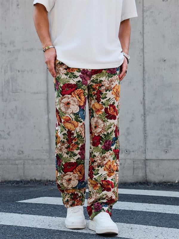 Men's Floral Print Straight Leg Pants, Regular Fit Casual Comfy Trousers for Outdoor Street Wear, Men's Bottoms for All Seasons, Casual Streetwear Pants