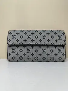 Pre-owned Linen Small Leather Goods Monogram Mini Lin Porte Tresor Long Wallet Blue