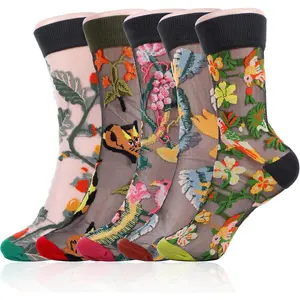 5 Pairs Floral Sheer Socks Women Ankle, Transparent Fancy Floral Summer Sheer Lace Mesh Flower Socks - Breathable Nylon