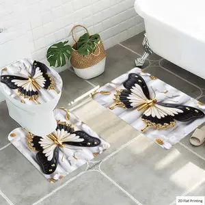 1/3Pcs Elegant Butterfly Ornament with Floral Accents Bathroom Mat Set, Flannel Non Slip Bath Rug, Toilet U-Shape Mat, Toilet Lid Cover, Thickened Soft Absorb Water, Microfiber Surface Memory Foam Cushion, Home