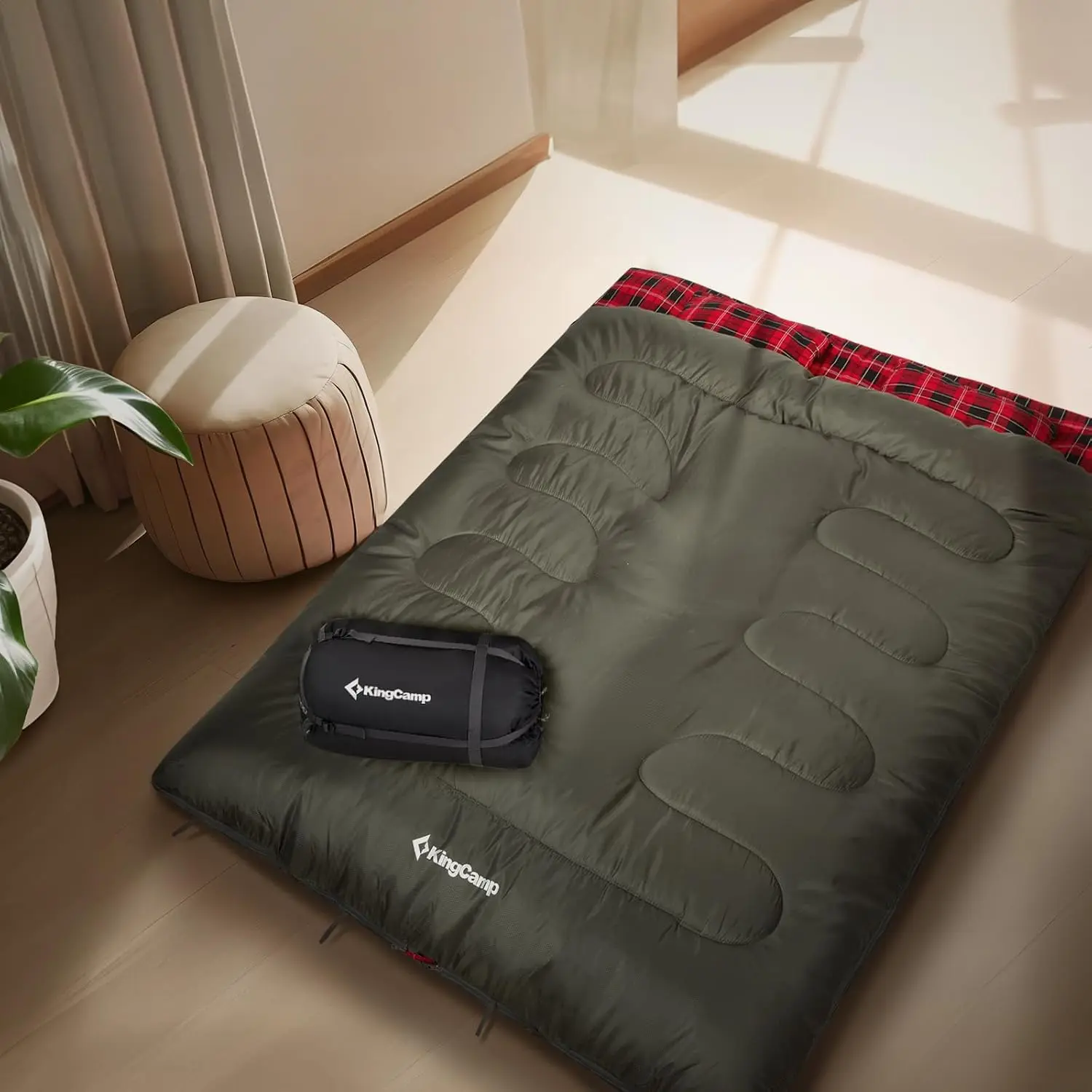 KingCamp Double Sleeping Bag for Adults – Queen Size 87"x59" (Fits Two), 100% Cotton Flannel Lining, Cold Weather (32°F+), Converts to Two Single Bags or Blankets, Lightweight 8.81 lbs with Compression Sack, for Couples Family Camping Hiking, Includes 2 P