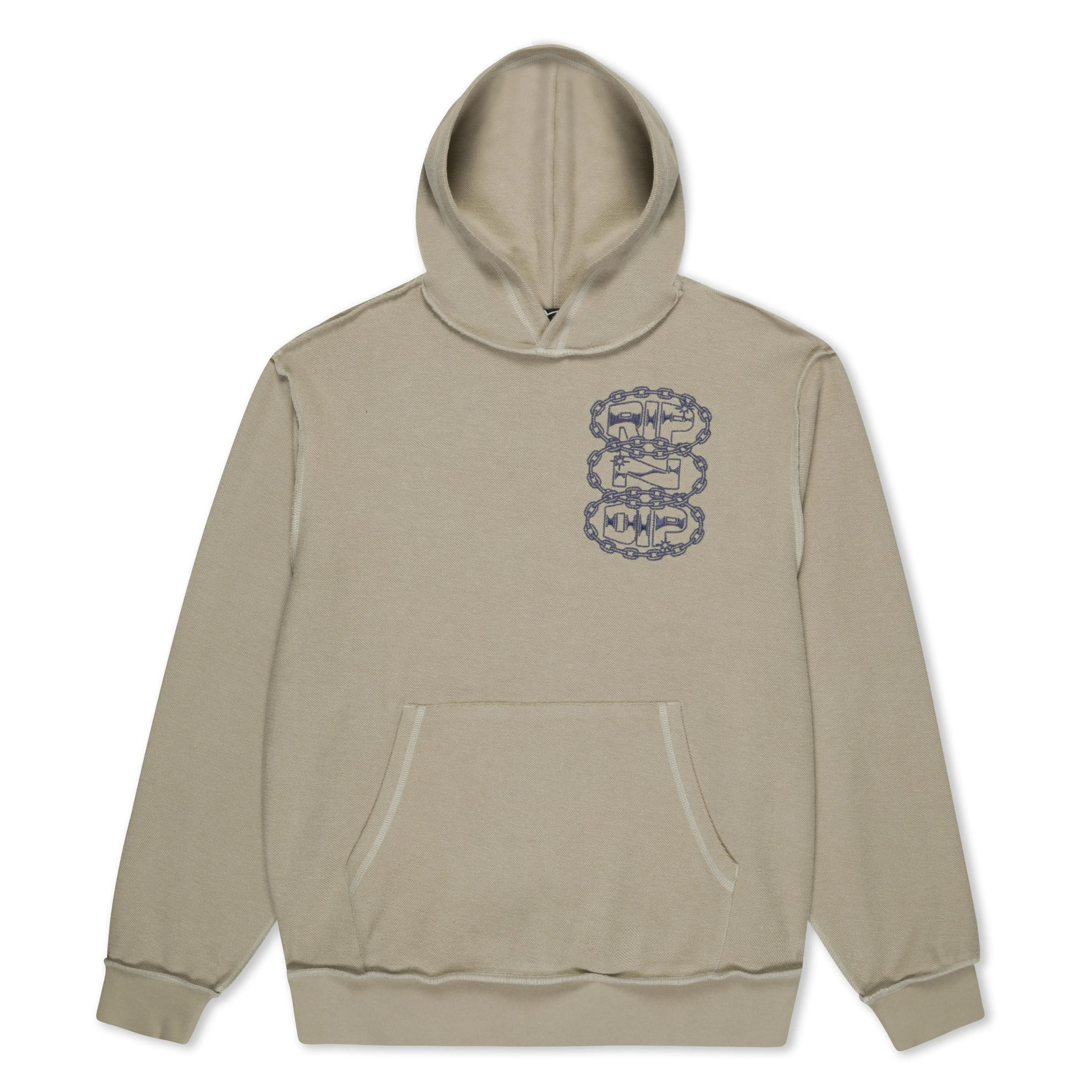 Women's Khaki Reverse-Stitched Heavy Weight Pullover Hood - 400GSM Embroidered Cotton Casual Long Sleeve Graphic Top with Front-Back Print Logos
