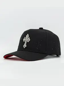 New style Black rhinestone cross studded cap, trendy streetwear style. Sparkling bling details, perfect for casual, hip hop, festival looks. Unisex hat for all seasons, daily wear, TikTok viral accessory. Snapback Hat, Adjustable snapback cap