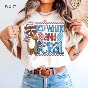 Red White and Feral Raccoon Shirt Funny 4th of July Feral But Free Tee, Memorial Day Tshirt Casual Daily Wear Tee For Men & Women, Apparel Made In The USA