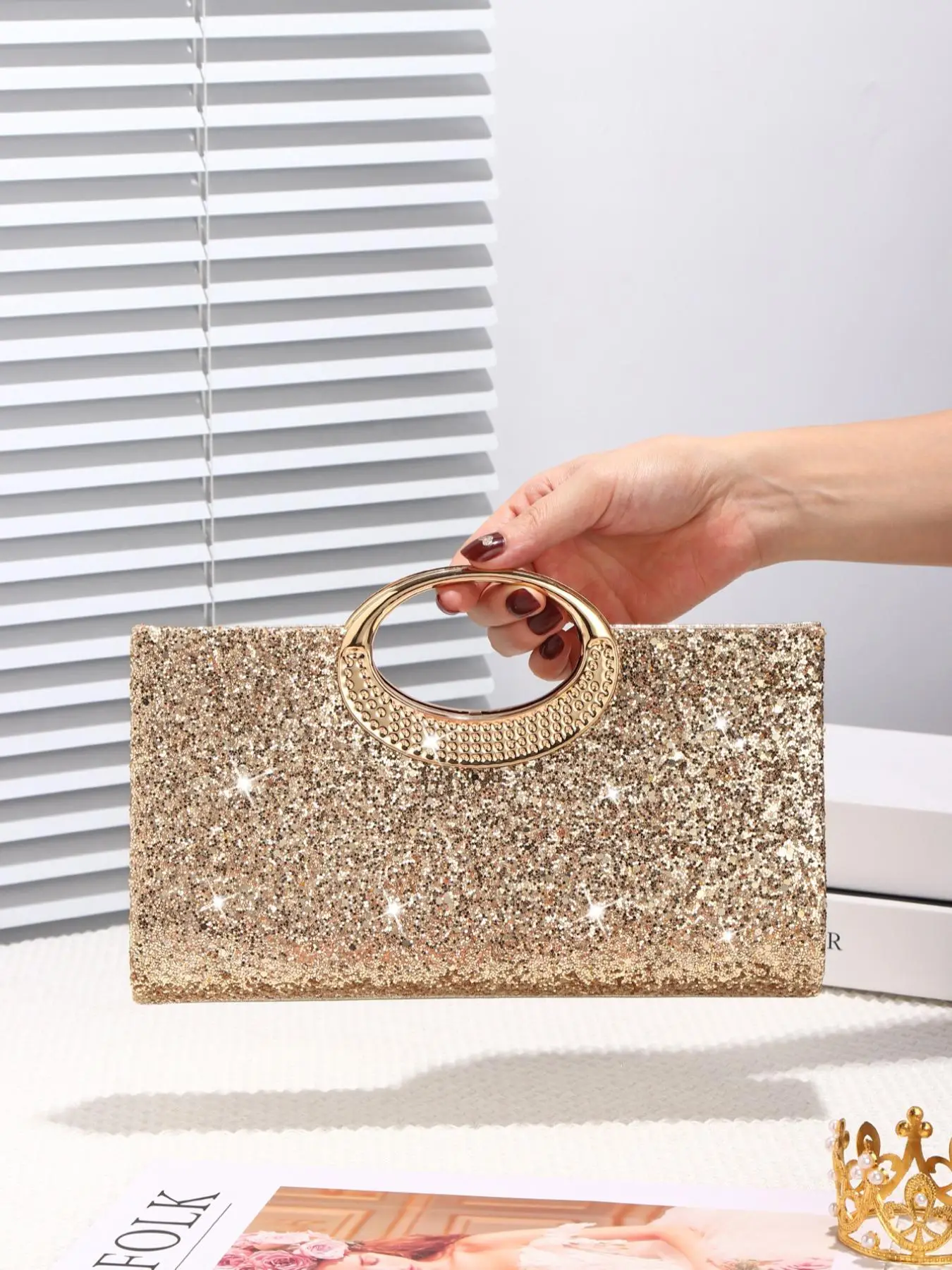 Women's Elegant Glitter Evening Bag, Exquisite Metal Decorated Handle Bag, Trendy All-match & Exquisite Bag for Party Decoration