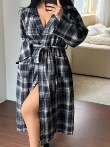 Dazy Plus Plaid Simple Loose Hooded Robe, Plus Size Sleepwear, For Fall, Cozy Outfits