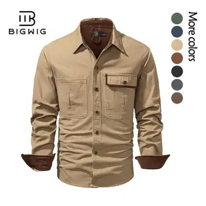 BIGWIG Men's Classic Long-Sleeve Work Shirt, Workwear Washed 100% Cotton Shirt, Solid Color Collared Men's Long-Sleeve Shirt, Button-Up, Lightweight Jacket, with Pockets, Slim Fit Long Sleeve Regular Fit, Casual Button-Up