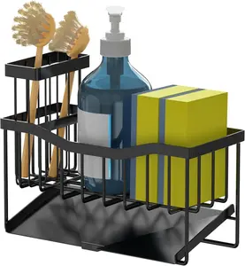 Kitchen Sink Caddy Sponge Holder with Brush Holder, Stainless Steel Self-Drain Tray, Rustproof Sink Organizer for Sponge, Soap & Accessories