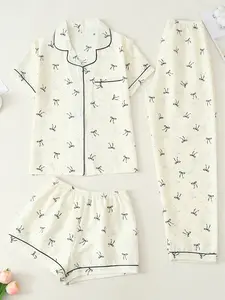 Women's 3-Piece Sleepwear Set, Spring Summer Fall, Collared Short Sleeve Cardigan Top + Shorts + Pants, Bowknot Print, Pajama
