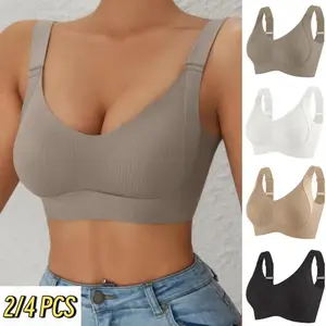 ZB 2/4PCS Women's Ribbed Push Up Seamless Bra, Soft Comfortable Breathable Solid Four-breasted Adjustable Wireless Bra, Widened shoulder straps Women's Lingerie for All Seasons