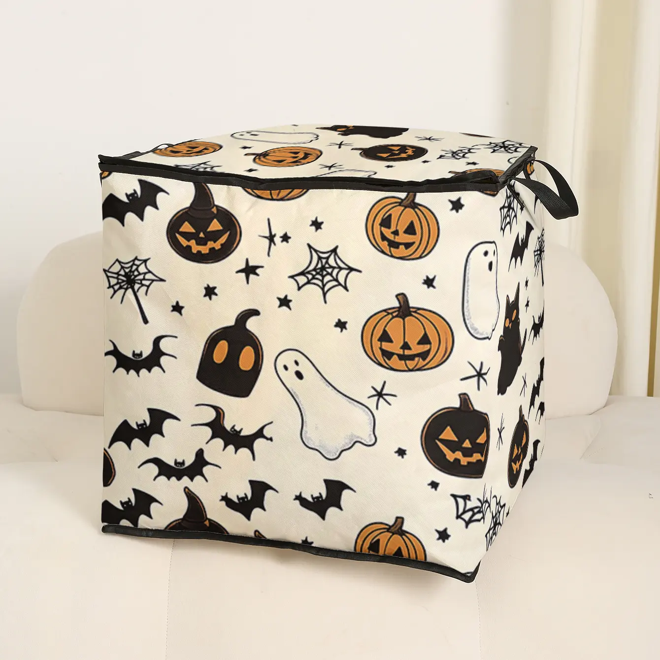 Halloween Pumpkin Ghost Bat Print Blanket Storage Carrying Bag, Cute Kids Bedding Organizer, Portable Storage Organizer, Durable Material, Easy Carry Handle, Perfect for Home Use, Fabric Storage