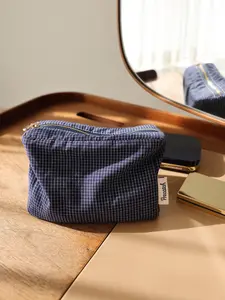 Japanese Style Gingham Striped Makeup Bag, Multi-Functional Zipper Storage Pouch, Travel Portable Organizer, Handheld Cosmetic Pouch, All Seasons Use