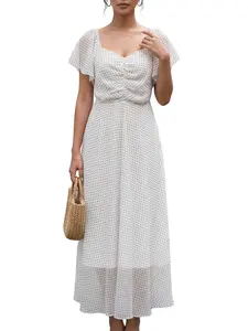 Women's Solid Color Polka Dot Print Long Elegant Party Dress with Lining and Ruffle Hem, Casual Summer Fashion
