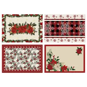 4pcs Christmas Happy Meal Mat, Christmas Flower Christmas Ball Printed Cup Mat, Table Non slip Thermal Insulation Mat, Snowflake Berry Pattern Plate Mat, Kitchen Decorative Placemat, Used for Festival Kitchen Party Table Decoration