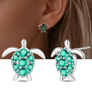 925 Sterling Silver Green Sea Turtle Stud Earrings For Women Post Studs