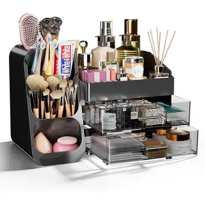 Makeup Organizer with Drawers for  Bathroom Counter Organizers and Storage, Large Skincare Organizer with Brush  Holder for Perfume,  Polish, Dresser, Office Supplies, Black
