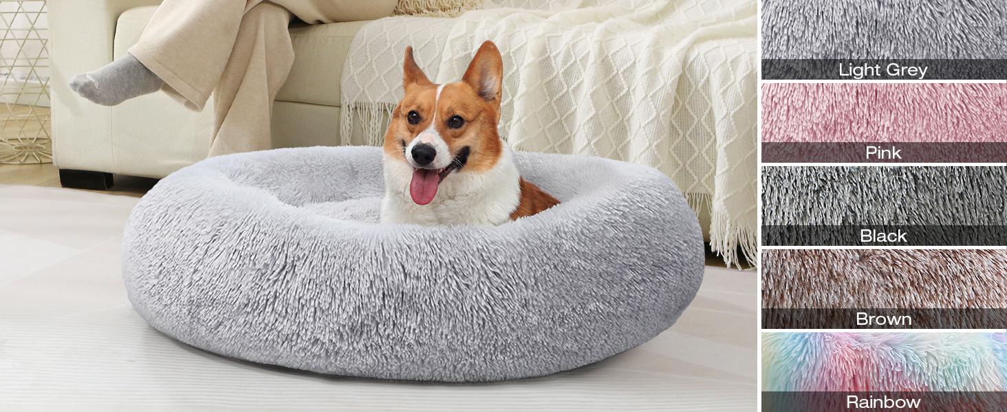 JOLLYVOGUE Small Dog Bed, Calming Soft Anti-Anxiety Donut Cat Bed, Washable Round Fluffy Cushion for Small and Medium Pets (20")
