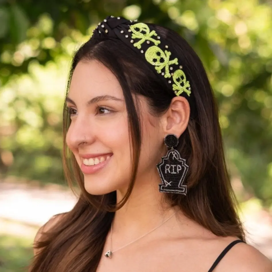 Hand Beaded Neon Skull Knot Headband