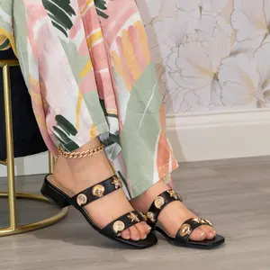 Harlow -  Women’s Block Heels Mules, Square Toe, Gold-Tone Beach Charms