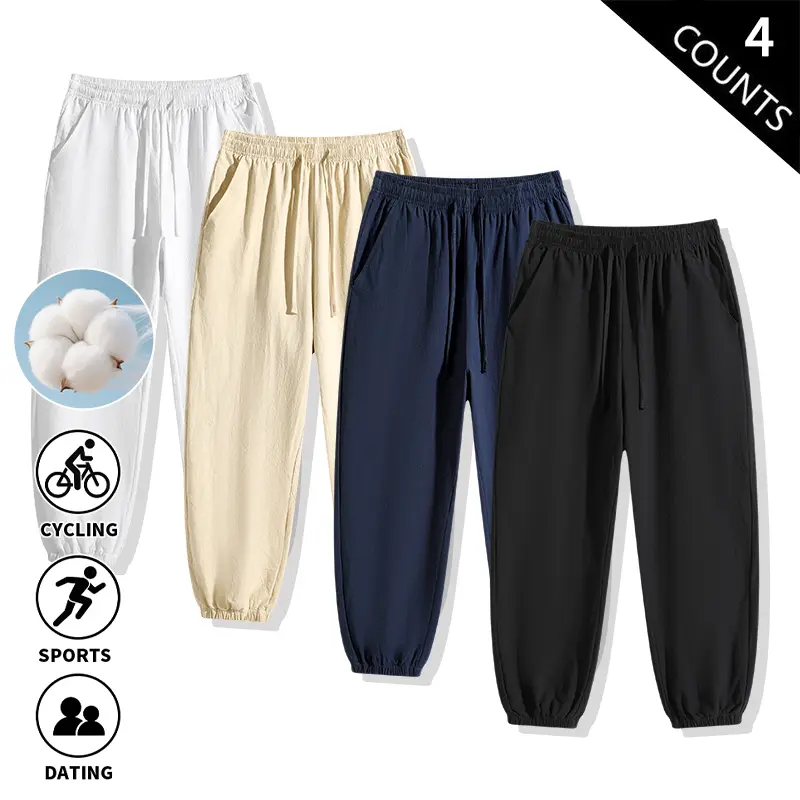 4-Pack Men’s 100% Cotton Joggers – Loose Fit, Elastic Drawstring, Ankle Cuffs, Casual Lightweight Pants for Sports and Everyday Wear, Sweatpants