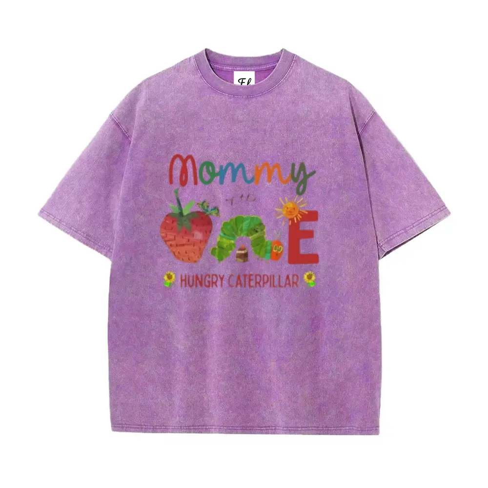 Women's Summer Washed Graphic T-Shirt - Oversized Hungry Caterpillar Print, Distressed Retro Aesthetic Streetwear, Comfortable Loose-Fit Cotton Top for Day Wear, Pair with Leggings, Flannel, Mesh, Chunky Pieces, Essential