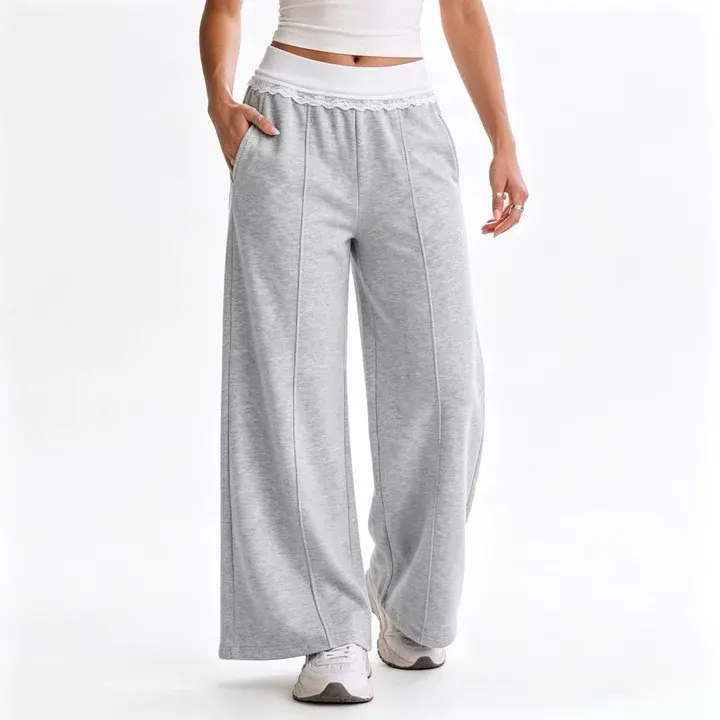 EMMIOL Wide Leg Sweatpants Women High Waisted Stretchy Baggy Lounge Pants | Y2K Foldover Lace Trim Yoga Pants Trendy Palazzo Trousers Back to School
