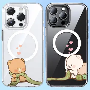 Plush Bear Warm Love Matching Couple Design Clear MagSafe Compatible Phone Case & Paired Card Holder Wallet - for iPhone 16 Pro Max & Samsung Galaxy S24 Magnetic Shockproof Cover
