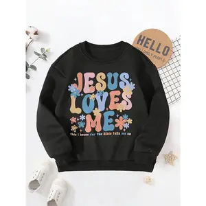 Girls' Christian Faith-Based Sweatshirt with Jesus Love Me Lettering & Bible Verse Design (Sizes 100-160, 2-13Y) - Colorful Floral & Heart Patterns, Long Sleeves, , Round Neck, Stretchy Fabric, Regular Fit,Ideal for Fall/Winter, Jesus-Themed Apparel