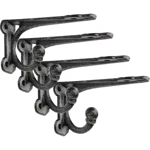 Cast Iron Shelf Brackets 4 Inch, 4 Pack Black Rustic Shelf Brackets with Hooks,Heavy Duty Floating Brackets Wall Mounted, Decorative Brackets for Wood Shelves