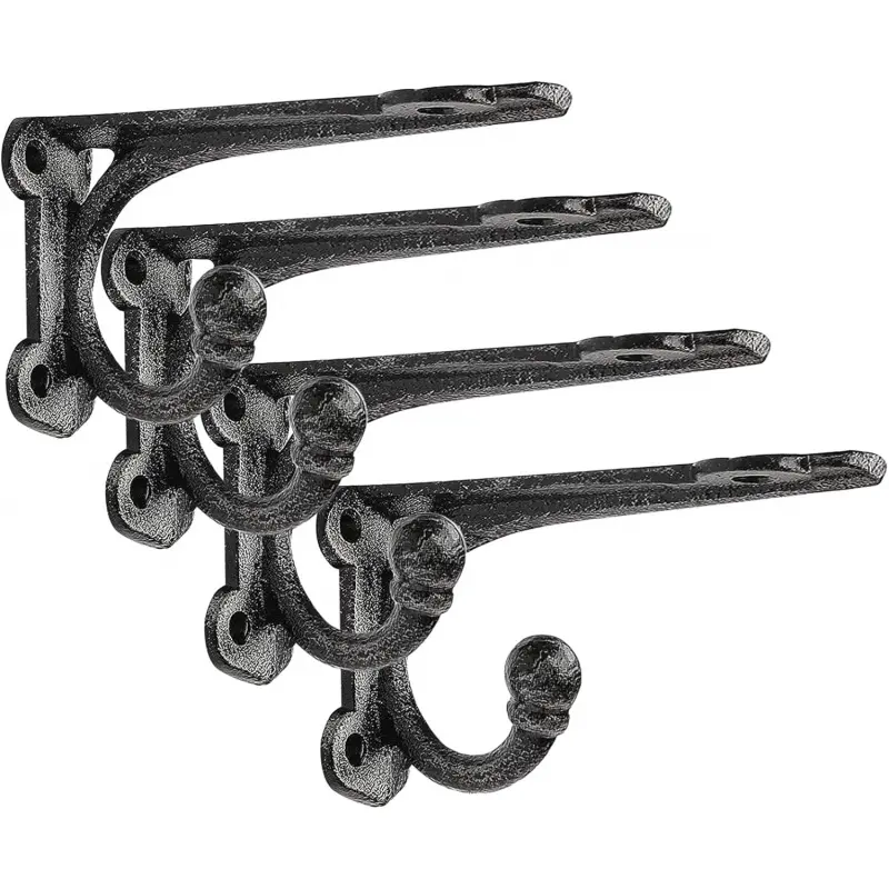 Cast Iron Shelf Brackets 4 Inch, 4 Pack Black Rustic Shelf Brackets with Hooks, Heavy Duty Floating Brackets Wall Mounted, Decorative Brackets for Wood Shelves-L