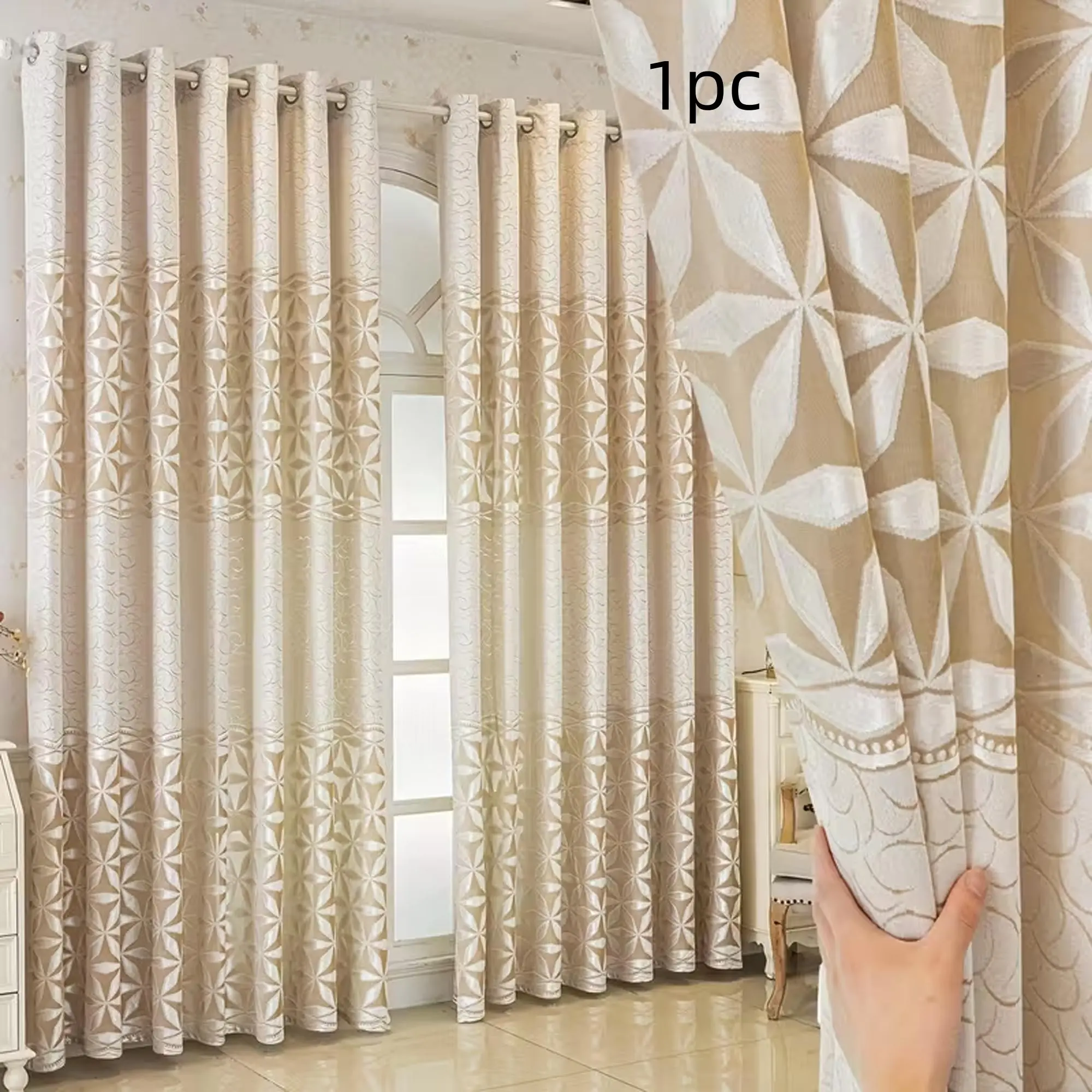 1pc Bohemian Velvet Window Curtain, Hollow Out Jacquard Design, Semi-Transparent Drapes, Ring Hanging, Suitable for Living Room Bedroom Balcony Kitchen