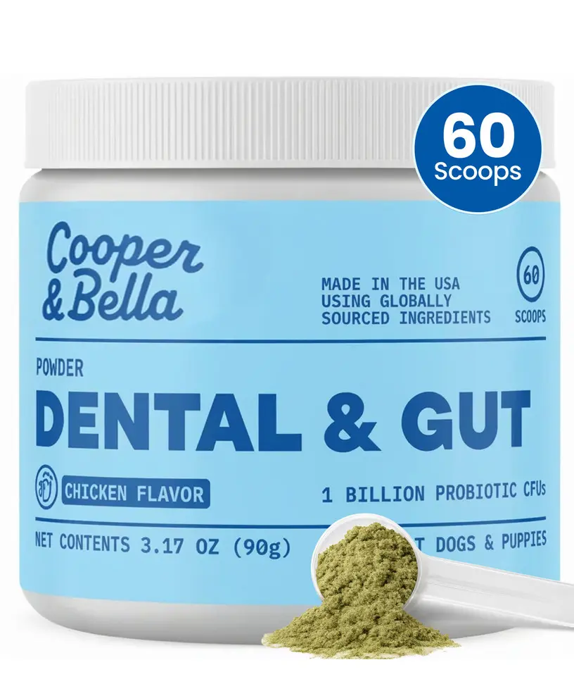 Cooper & Bella Dog Dental Powder with Probiotics - Breath Freshener, Teeth Cleaning, Plaque & Tartar Remover - Chicken Flavor, 60 Scoops