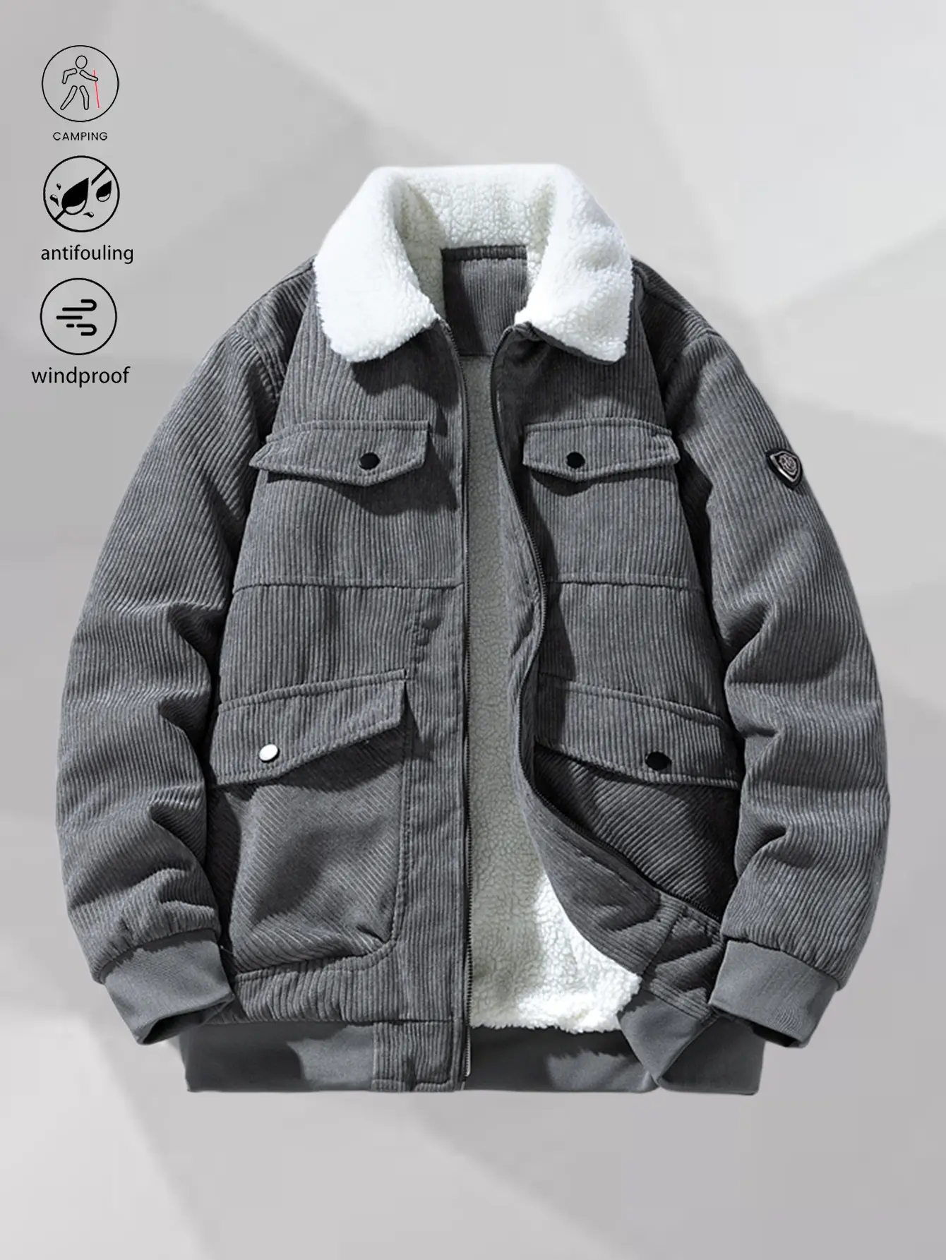 Men's Vintage Plain Corduroy Jacket, Long Sleeve Casual Outerwear with a Shearling Collar and Button-Front