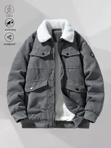 Men's Corduroy Shearling Collar Jacket, American Vintage Style, Shearling, Multi-Pocket Workwear, Casual Commuter, Camping, Exploration, Retro Trendy Top