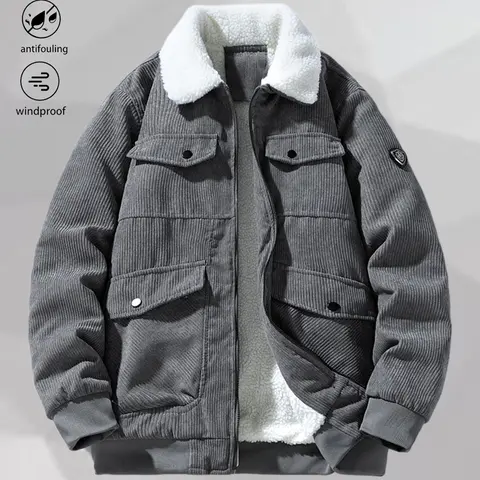 Men's Vintage Corduroy Shearling Lapel Down Coat - Long Sleeve, Button-Front, Fitted, Plain Polyester Woven, Warm Insulated, Casual Style, Easy Pairing, Street Ready Men's Tops Jacket