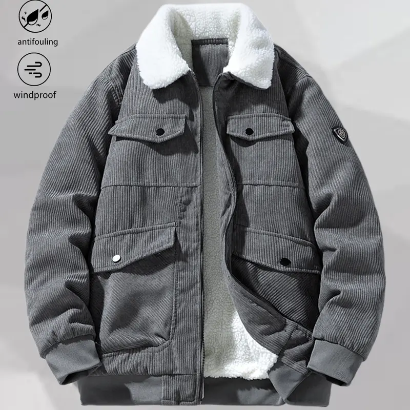 Men's Vintage Corduroy Shearling Lapel Down Coat - Long Sleeve, Button-Front, Fitted, Plain Polyester Woven, Warm Insulated, Casual Style, Easy Pairing, Street Ready Men's Tops Jacket