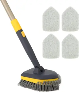 Tub Tile Scrubber Brush 2 in 1 Cleaning Brush with Telescopic Pole Stiff Edge Bristles, 4 Scouring Pads for Bathroom Shower Floor Corner Cleaning, Non Scratch 58.2"