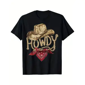 Summer t Shirts Men's Black Cotton Howdy Cowboy Western Graphic T-Shirt - Distressed Lettering with Cowboy Hat & Bandana Print