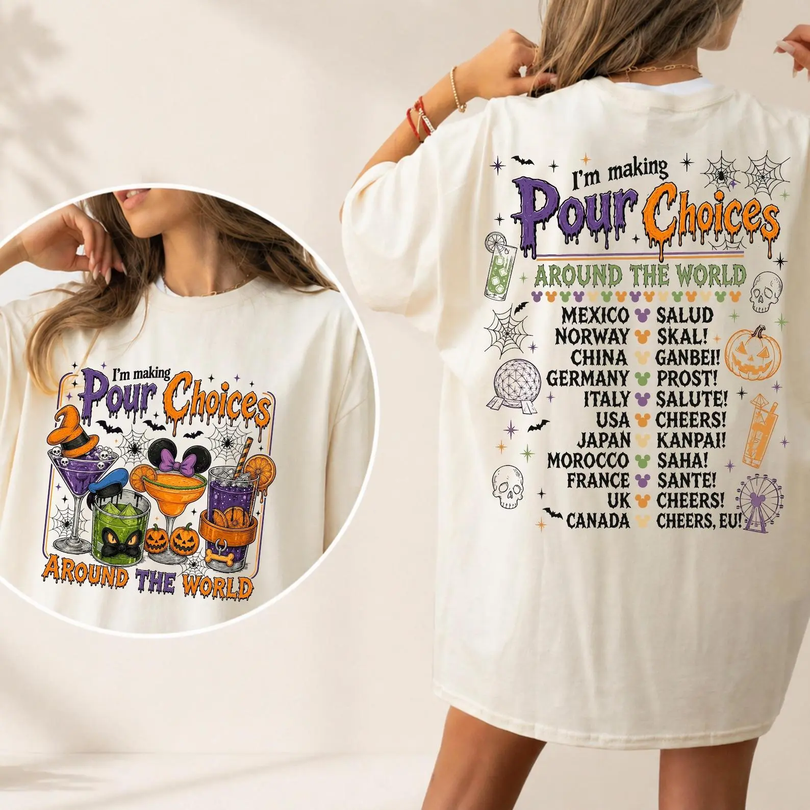 Retro I'm Making Pour Choices Around The World Shirt, EPCOT Drinking Tee, Theme Park Halloween Graphic T-Shirt, Spooky Season Drinking Gift