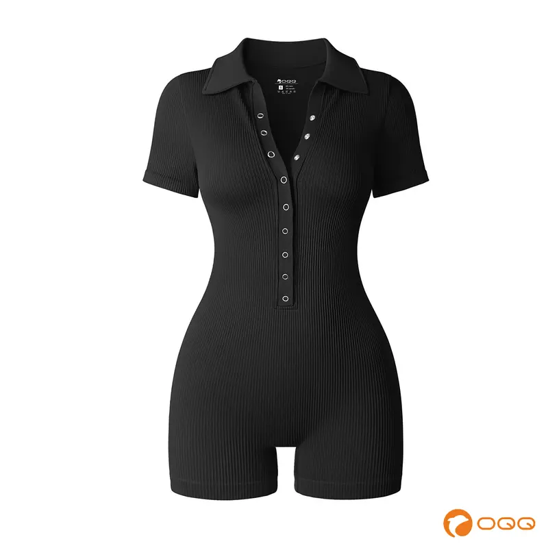 OQQ Women Yoga Rompers Ribbed V Neck Stretch Tummy Control Exercise Rompers Casual Comfort