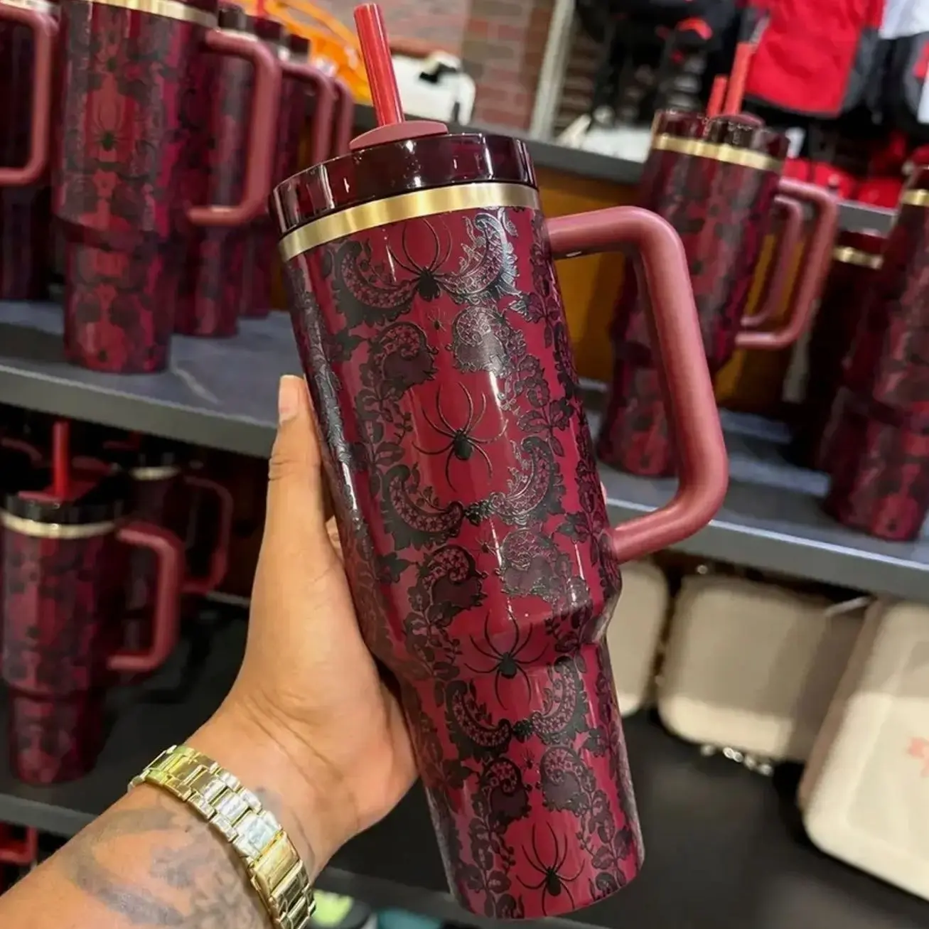 Gothic Burgundy Spider 40oz Tumbler with Handle and Straw, Black Floral Halloween Stainless Steel Cup, Spooky Gift