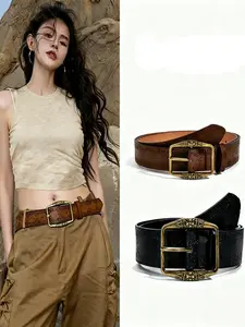 Punk Style Colorblock Pu Buckle Belt, Vintage Western Belt for Women, Fashion Accessories for Jeans & Trousers