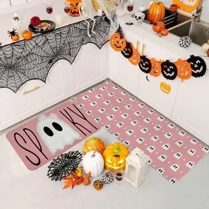 2/3pcs Halloween Ghost Pattern Kitchen Carpet Floor Mat, Happy Halloween Kitchen Anti slip Floor Mat, suitable for kitchen, entrance door, laundry room, bathroom, living room, room Halloween decoration floor mat