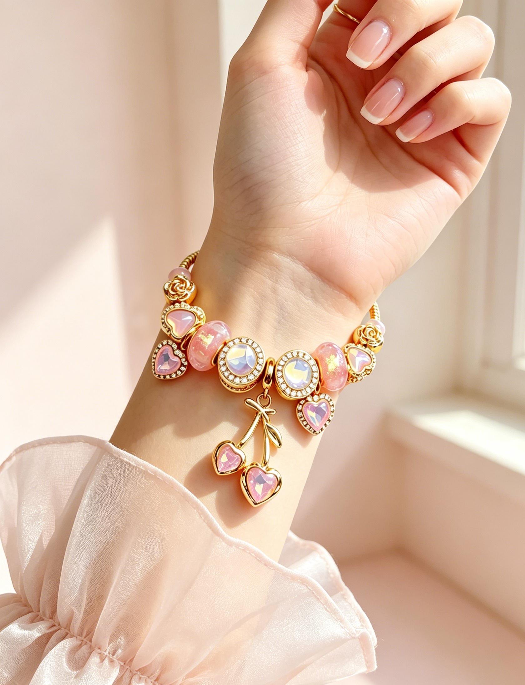 Romantic Pink Heart Charm Bracelet for Women, Elegant Adjustable Bracelet with Sparkling Heart Gemstones, Sweet Jewelry Gift