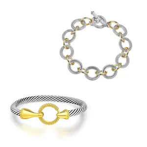 Twisted Cable & Chain Link Bracelet Set for Women - Stackable Adjustable Cuff Bangles, Two-Tone Jewelry