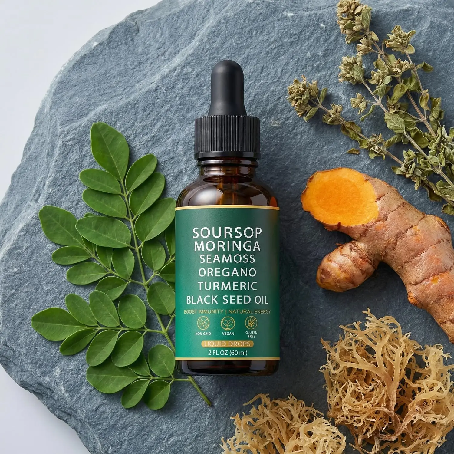 QIZFYZZ Liquid Drops - Soursop Bitters Liquid with Sea Moss, Moringa & Turmeric Extract, Immune Support and Overall Health, Vegan, Non-GMO