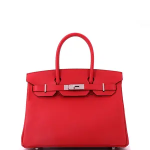 Pre-owned HERMÈS Leather Top Handle Bags Hermes Birkin Handbag Rouge Vif Epsom with Palladium Hardware 30 by Rebag